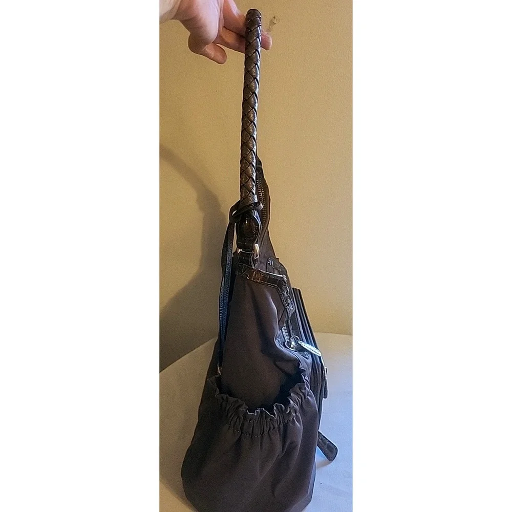 Vintage Brighton Gray Nylon Shoulder Bag Hobo Brown Leather Trim Braided Handle
